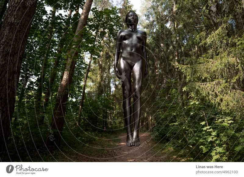 This is a strange image where a pretty girl with black body paint all over her levitating in the air. Woods looks nice. A more remote place is a perfect spot for alien abduction. Our gorgeous model just landed from UFO.