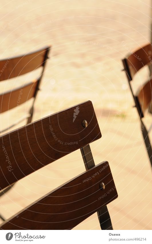 back Backrest Chair Street Exterior shot Sidewalk café Wood Metal Shallow depth of field Folding chair 3 Detail Warmth Summer Deserted Copy Space top