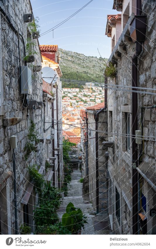 View of old town Dubrovnik in Croatia, roofs Street Alley Old view Roof Town City Building Facade no people background Sky cityscape Tourism Visit Europe travel
