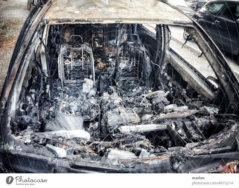 burnt out car wreck Berlin Normality Street Transport Exterior shot Means of transport Day Car Road traffic Mobility