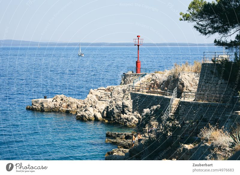 Coast, red sea mark, rocks, stairs and sea coast Navigation mark Countdown marker Red Rock Stairs Sailing Sailboat Ocean Mediterranean sea Aquatics Harbour