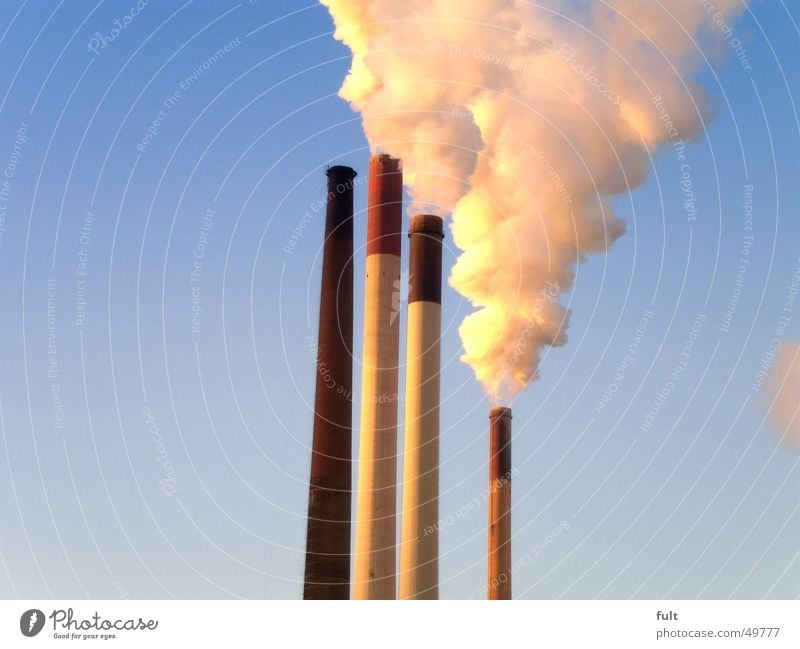 full steam Concrete Gas Clouds Blue sky Yellow Air pollution Gelsenkirchen Calm Chimney Steam Tower Poison scholven Smoke Energy industry