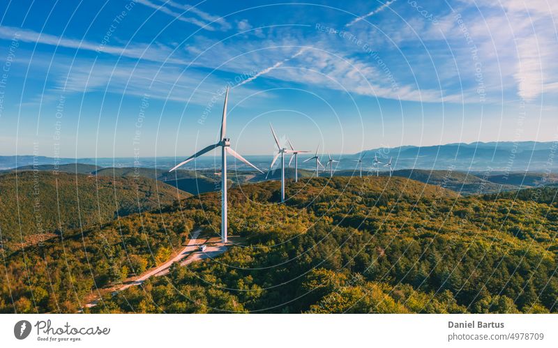 View of a wind farm in a mountainous forest field with mountains in the background. View during the rising sun. Sunrise. alternative blue electric electricity