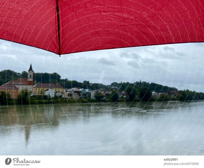 Passau in the rain Rain Umbrella Clouds Inn downtown Bad weather Wet Protection River three-river city Red Bavaria Niederbayern rainy reflection Dreary