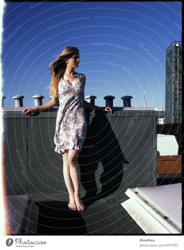 lookout at the edge of the film Young woman Youth (Young adults) Body Legs 13 - 18 years Child Cloudless sky High-rise Roof Chimney Summer dress Barefoot Blonde