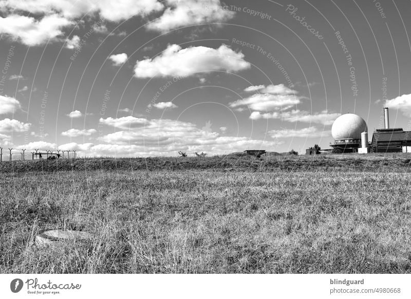 Wasserkuppe (colorless) War Surveillance spy on sb. big brother Russia Germany Meadow Sky Clouds water dome Rhön Trip