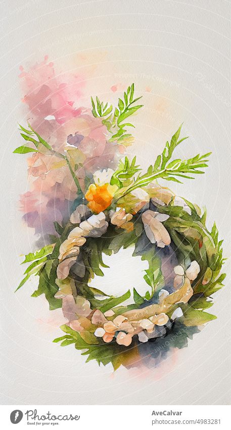 Watercolor simple floral wreath and plant branches wreath, hand painted on a white background,Scandinavian style with greenery, Round holiday frame for invitations, greeting cards. Boho lifestyle