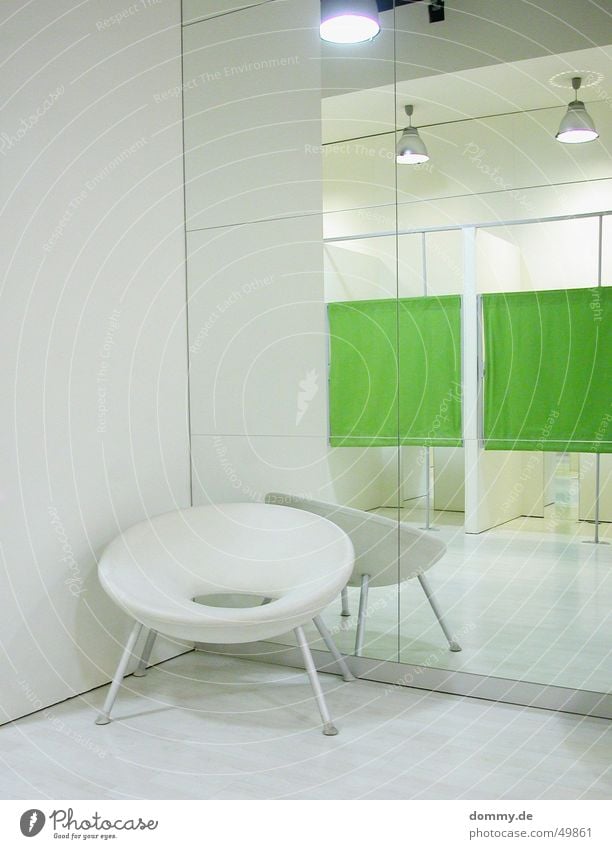 men's chair Chair Changing room Store premises Design Mirror Green White Style Interior shot Mirror image Deserted Interior design Designer furniture