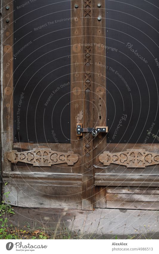 HH Tour Unnamed Street | Old wooden gate with extra nailed bolt and padlock Goal door Lock Padlock locked too Historic Decline Protection decoration Wood work