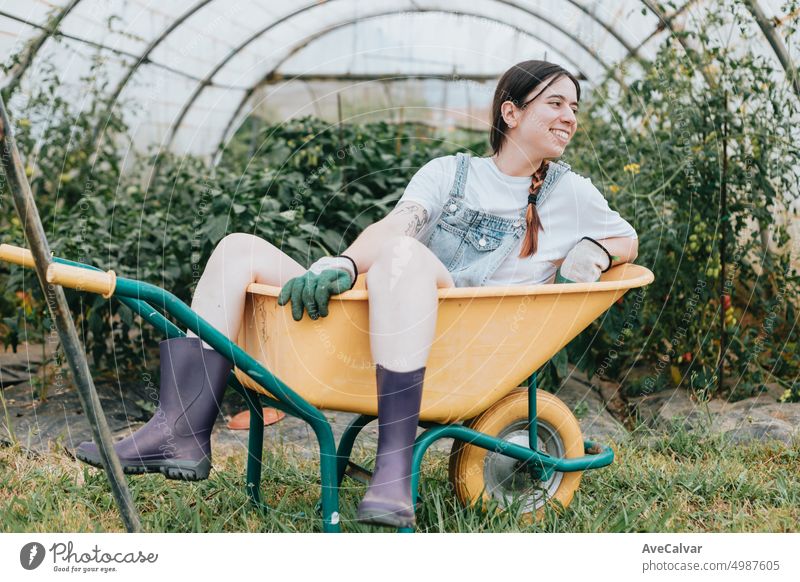 Young woman resting inside a wheelbarrow happy after a working day. Funny rural collecting image occupation gardening smiling greenhouse farmer botanical apron