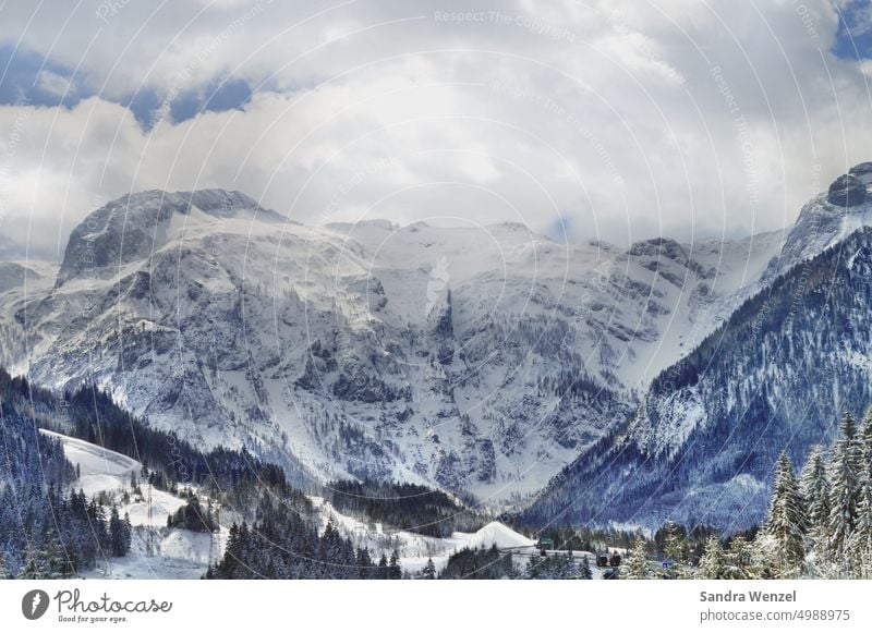 Snowy mountain landscape Alps mountains Skiing Ski run Winter vacation Winter sports Ski resort Virgin snow Carinthia Austria firs Idyll Clouds Relaxation