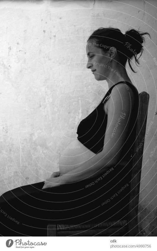 Pregnancy | in black and white | rest. Human being Woman pregnant women Baby bump Stomach Black & white photo feel Wait temporise patience be patient wax