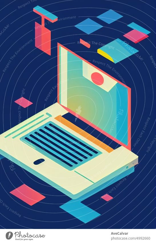 Illustration of a laptop ofer a office desk. Colorful abstract design,Flat design concept with fine lines. Perfect for web design, banner, mobile app, landing page.