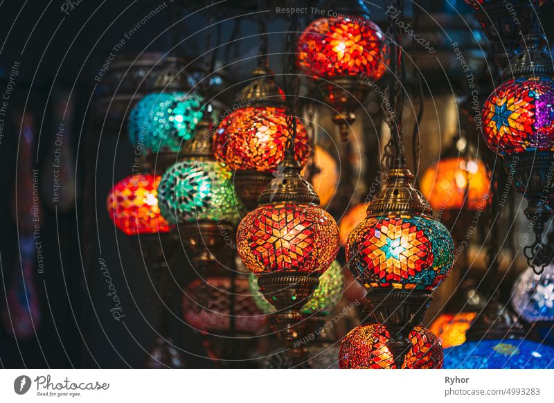 Turkey. Market With Many Traditional Colorful Handmade Turkish Lamps And Lanterns. Lanterns Hanging In Shop For Sale. Popular Souvenirs From Turkey arabic art