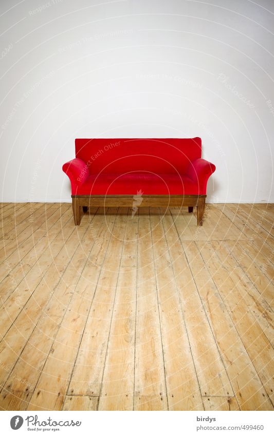 Old red sofa on a wooden floor in front of a white wall. Book cover Sofa Red Settee Lifestyle Style Wooden floor book cover Design Esthetic Antique Simple