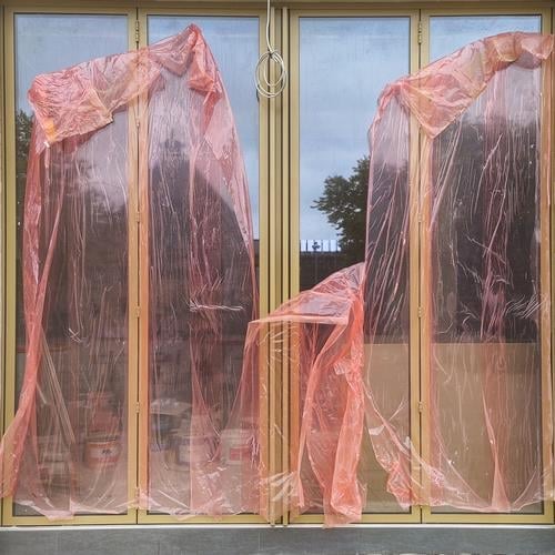 concealment Window protective film Covers (Construction) Deserted Construction site Colour photo Redecorate reflection Protection