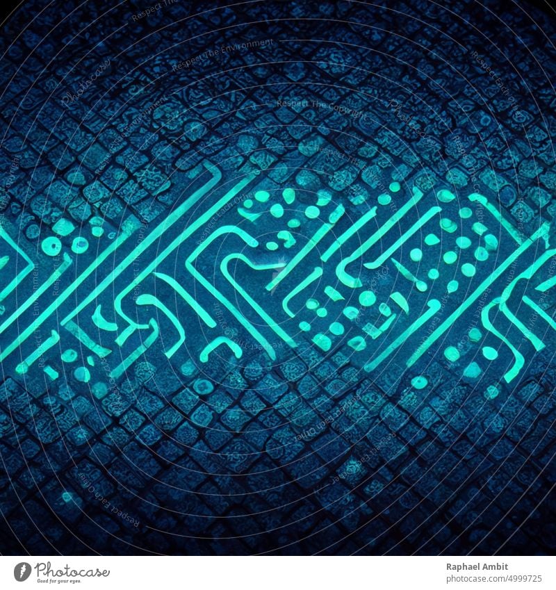 Printed circuit board Modern graphic pattern. Blue geometric abstract pattern. Photo realistic concept art, background wallpaper. Microchip Electronic