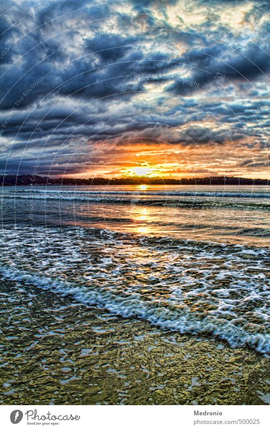 Sunset at Saint Michel en Gréve Nature Landscape Water Sky Clouds Sunrise Autumn Bad weather Coast Beach Ocean Atlantic Ocean Brittany France Tourist Attraction