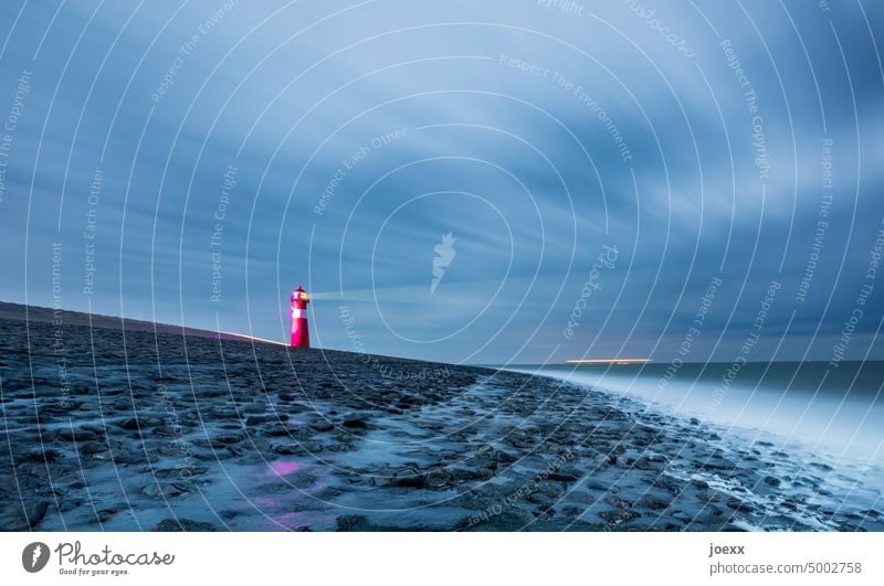 Small red lighthouse on the coast, long exposure Lighthouse North Sea Landscape Ocean Vacation & Travel Clouds Exterior shot Deserted