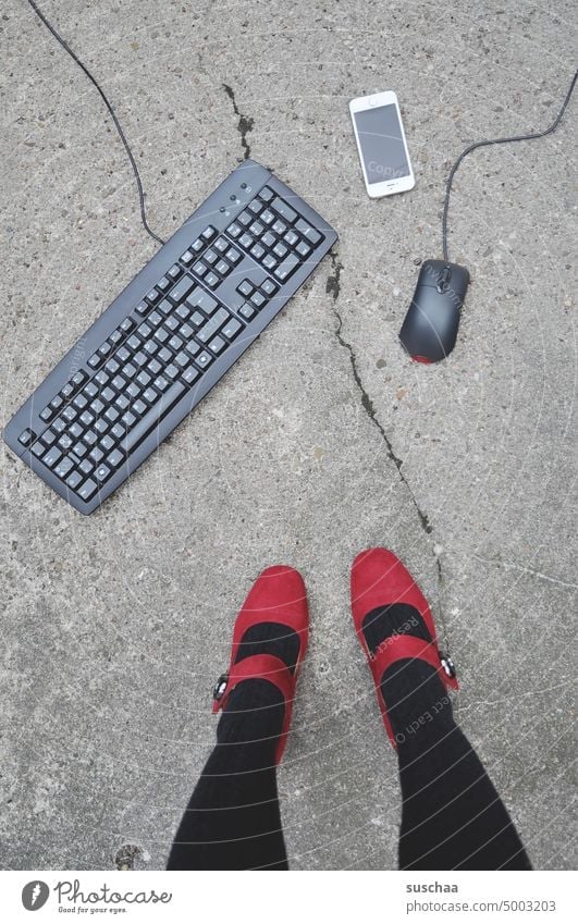 keyboard, cell phone and mouse ... with women's legs on the street Legs feet feminine Keyboard Mouse Cellphone smartphone iPhone Woman Asphalt Street Strange