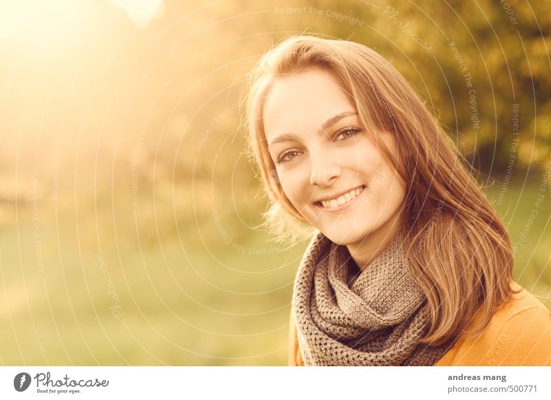 sunny smile Human being Feminine Young woman Youth (Young adults) Sister Head 1 18 - 30 years Adults Scarf Brunette Long-haired Smiling Illuminate Free Happy