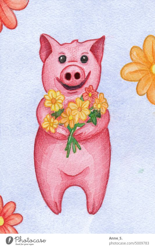 Birthday: pig with bouquet Bouquet Swine Pink Birthday wish variegated colourful celebration children Feasts & Celebrations cute Cute cheerful Joy Party