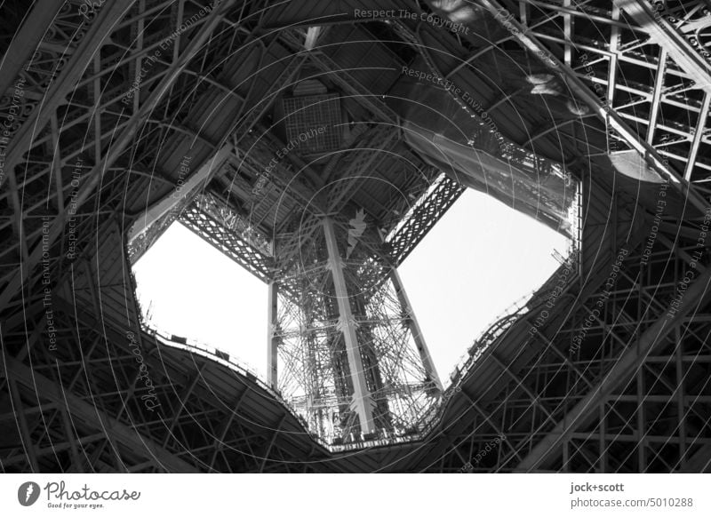 Eiffel Tower seen from below eiffel tower Architecture Tourist Attraction Landmark Paris France Monochrome Manmade structures Worm's-eye view Construction