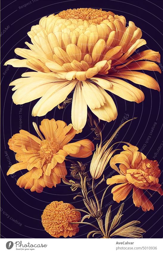 Floral realistic painting of a bunch of marigold flowers on dark background, moody botanical concept watercolor illustration isolated white celebrate daisy