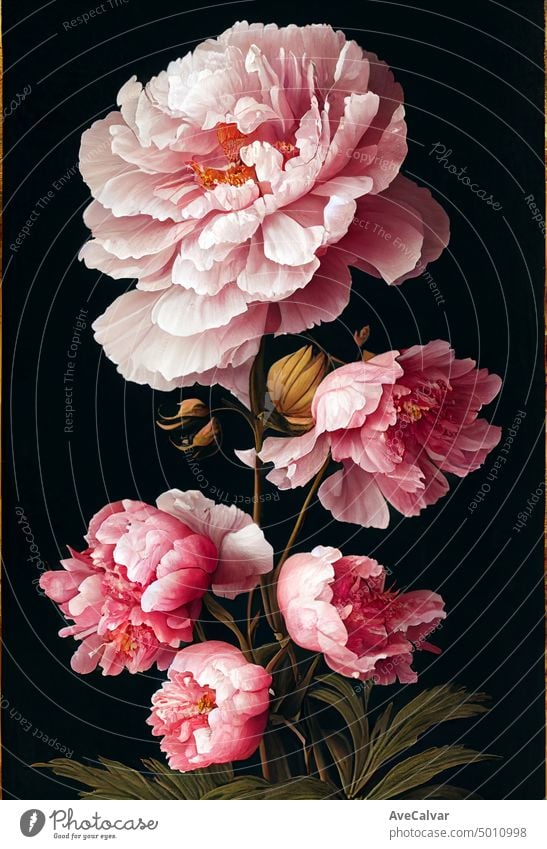 Floral realistic painting of a bunch of peony flowers on dark background, moody botanical concept. watercolor illustration art vintage romantic wedding drawing