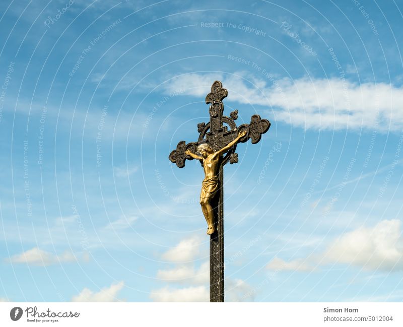 Crucifix against blue sky Sky Blue Religion and faith Symbols and metaphors Christianity Belief Jesus Christ Hope religion Church golden passion suffer Light