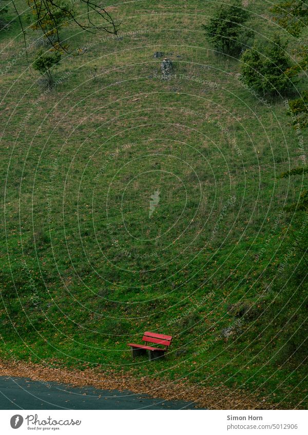 Bench in front of slope bench hillside Steep Wait Meadow rest Meeting point Loneliness Seating Break Relaxation Park bench Nature Sit Mountain Hill Landscape