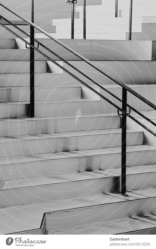 Modern stair treads with railing Stairs stagger Upward handrail Monochrome Architecture Banister Deserted Downward Go up Gray structure shape