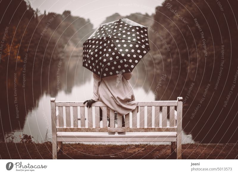 Feine Gesellschaft | [HH Unnamed Road] Lady sitting in the rain on the bench by the lake Rain Umbrella Spotted black-and-white Weather Autumn Umbrellas & Shades