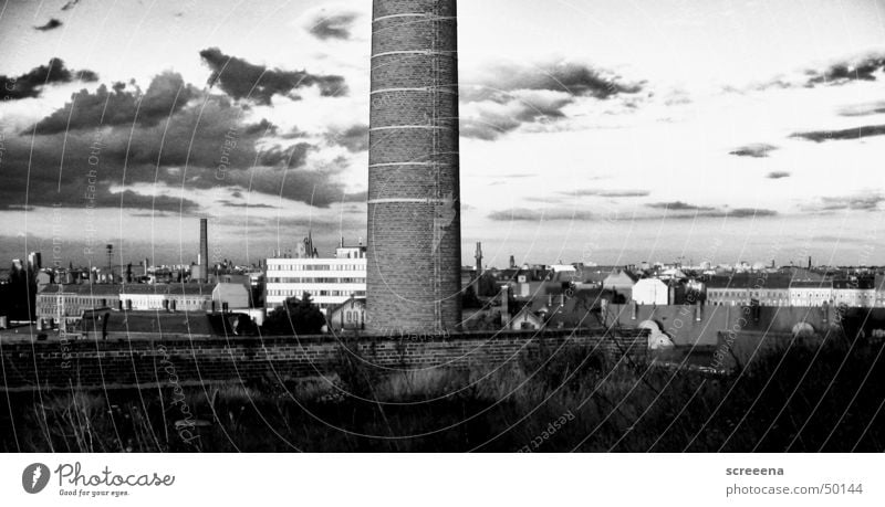 Moon Roller Panorama (View) Roof House (Residential Structure) Leipzig Chimney Sky Contrast Black & white photo Skyline cotton mill Large Architecture