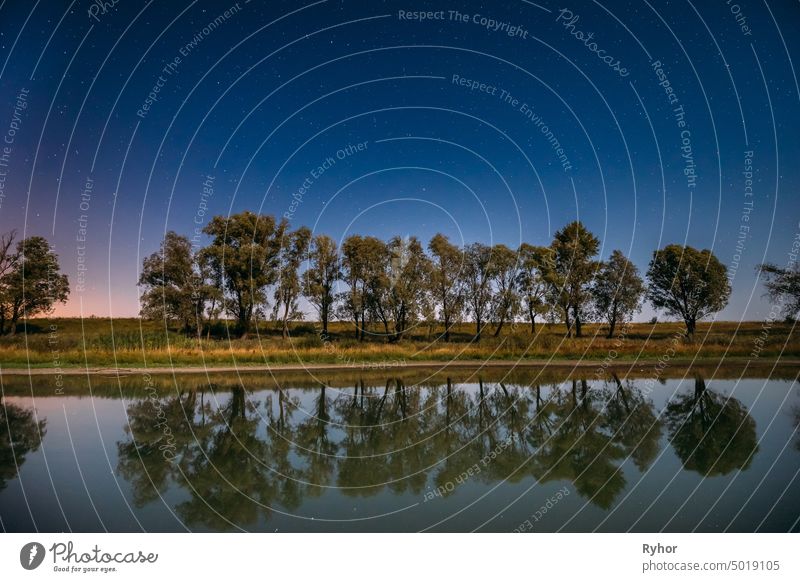 Blue Night Starry Sky Above Lake River. Night Glowing Stars And Trees Woods Reflected In Water. Night Landscape. night sky cosmic marsh nature tree space view