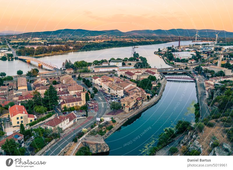 Panorama view of Le Pouzin from the air aerial architecture blue building church city cityscape destination europe famous landmark landscape old panorama