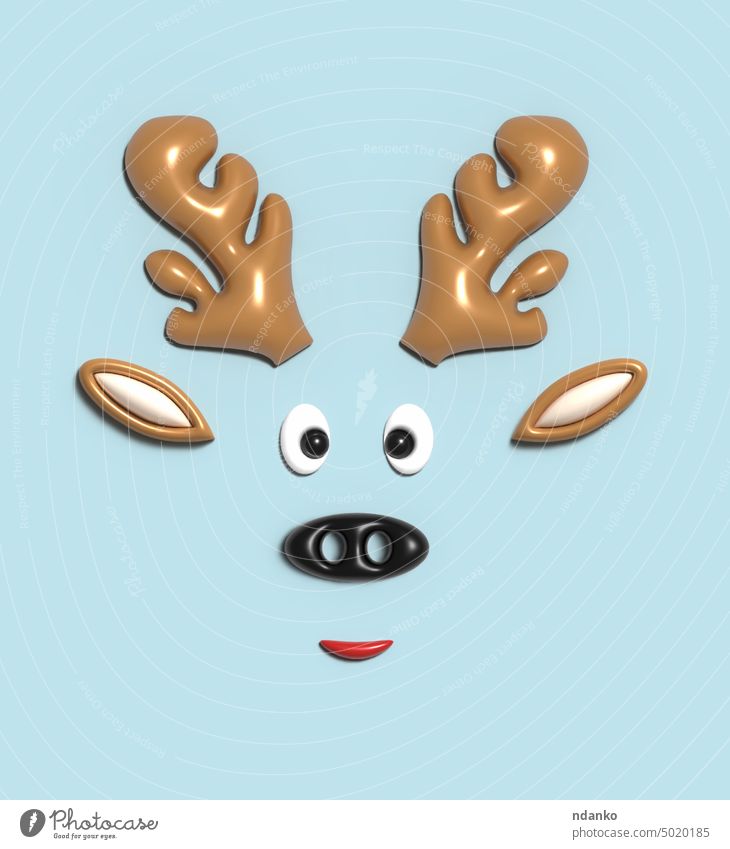 Horns, nose and ears of a deer on a blue background. Christmas deer symbol, 3D illustration. xmas character season christmas reindeer cute 3d animal holiday