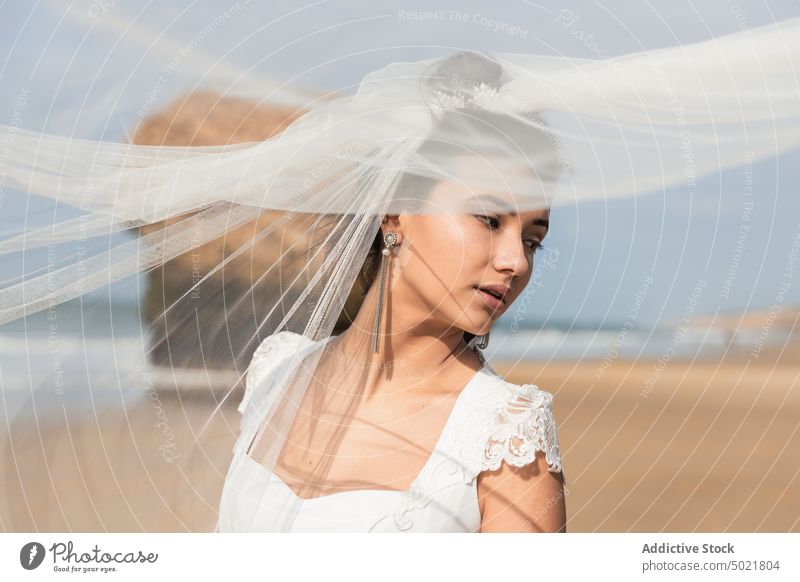 Bride in veil on shore on wedding day bride flying veil elegant feminine gentle celebrate festive coast portrait woman cloudy sky earring accessory style