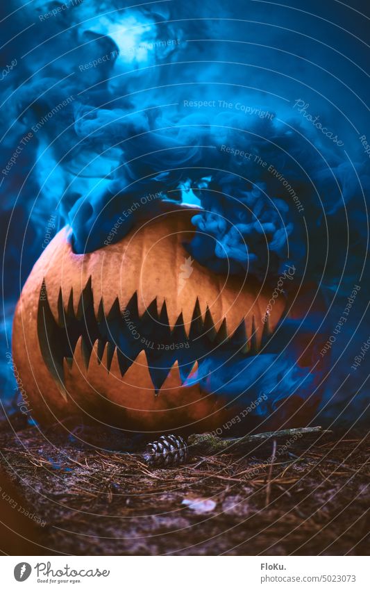 Halloween pumpkin with blue smoke Hallowe'en Pumpkin Eerie scary spooky Spooky Creepy Fear Autumn Night Orange Dark Decoration Mysterious Ghosts & Spectres