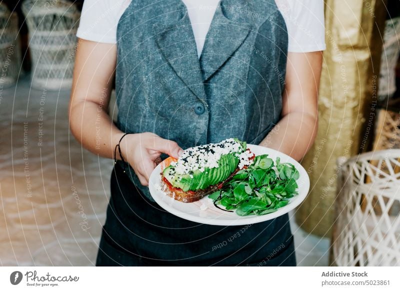 Sandwich with avocado greens and sauce in plate in hands of cook sandwich bread lunch toast breakfast dish healthy fresh food delicious meal appetizer vegetable