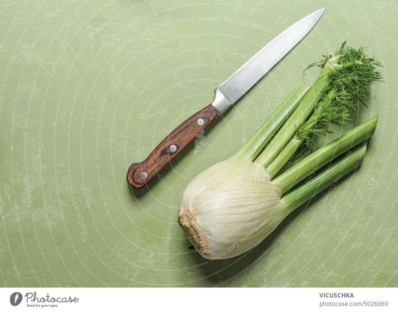 Fennel with knife on green background, top view fennel fennel root ingredients cooking vegetarian organic food healthy vegetable raw fresh