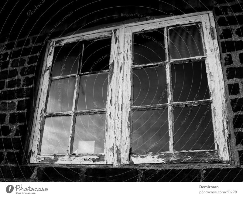 Old window Window Farm Reflection Black White Broken Clouds Wall (barrier) Brick Rust Black & white photo smashed Window pane