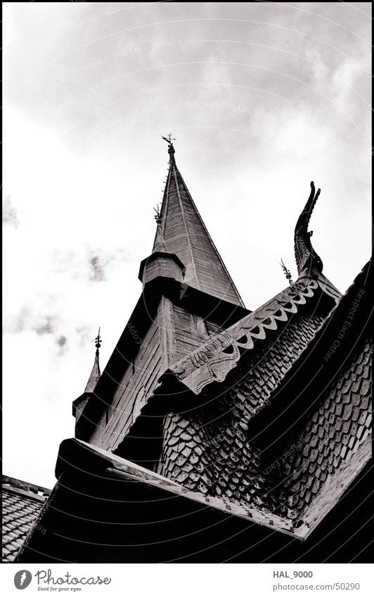 stavkirke detail Manmade structures Wood Clouds Norway Scandinavia Historic Vikings Religion and faith Christianity Roof Summer Under Worm's-eye view Deep