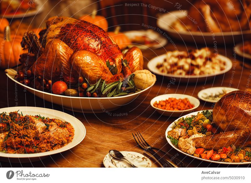 Warm lights over a delicious turkey, thanksgiving dinner concept with copy space american feast sage poultry celebrate festivity gold harvest indoor breast