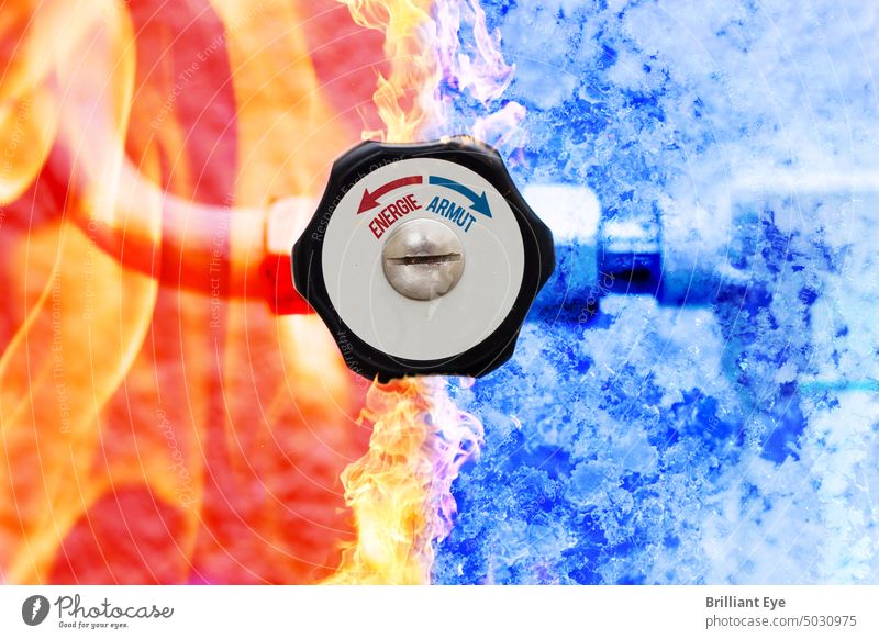 manual heating controller with red and blue arrows in fire and ice background climate close-up closeup cold concept copy copyspace costs direction ecology