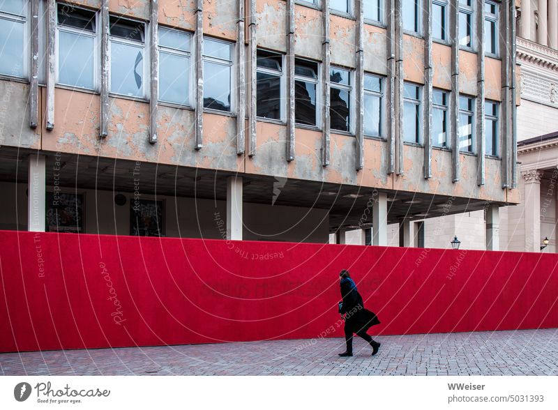 "Stop the destruction," reads the red fence around the ruins of a high school Street Decline Wind Destruction writing Fence Red Manmade structures GDR Monument