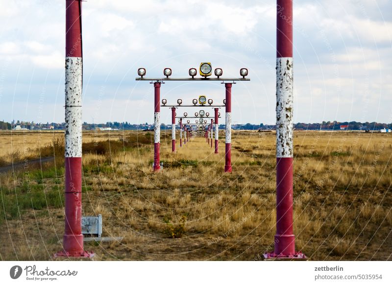 Airport Tegel Berlin Far-off places Trajectory Airfield Spring Sky Horizon Deserted taxiway Skyline Summer Copy Space hazy wide Clouds Otto Lilienthal Beacon