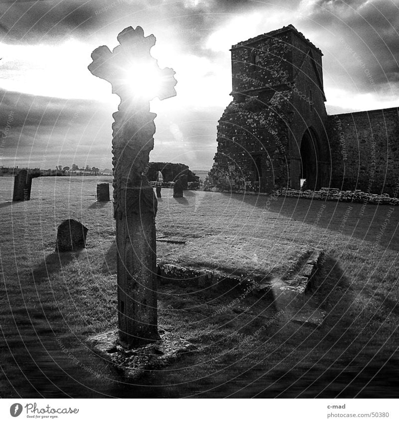 Cross on Dervenish Island Northern Ireland Manmade structures Ruin Celts Cemetery Grave Clouds Black White Summer Back-light River Tower Construction site