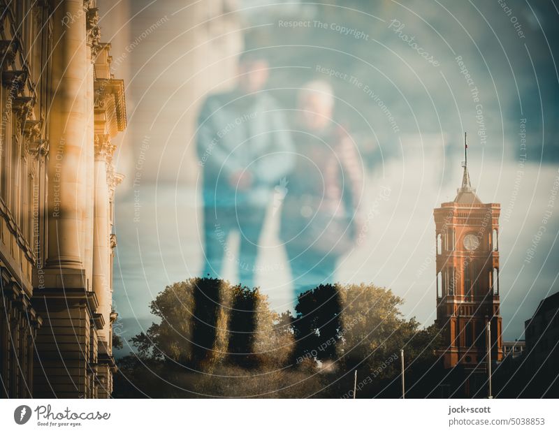 City tour for two Couple Relationship Sightseeing Downtown Berlin Tourist Attraction Capital city Humboldt Forum Rotes Rathaus Double exposure blurriness