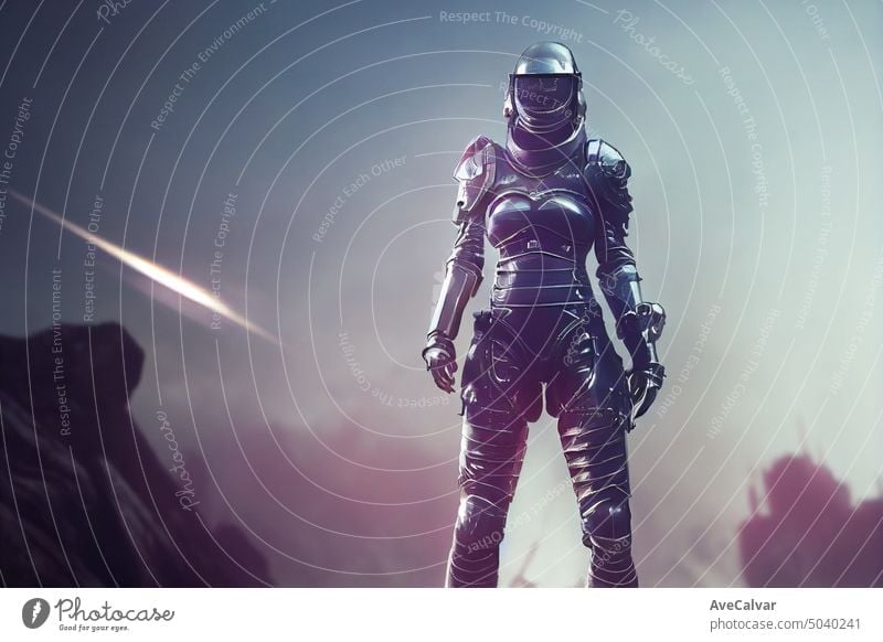 Epic shot action film portrait of female knight wearing futuristic cyber gear.AI Generated Art people science fiction technology woman fantasy future military